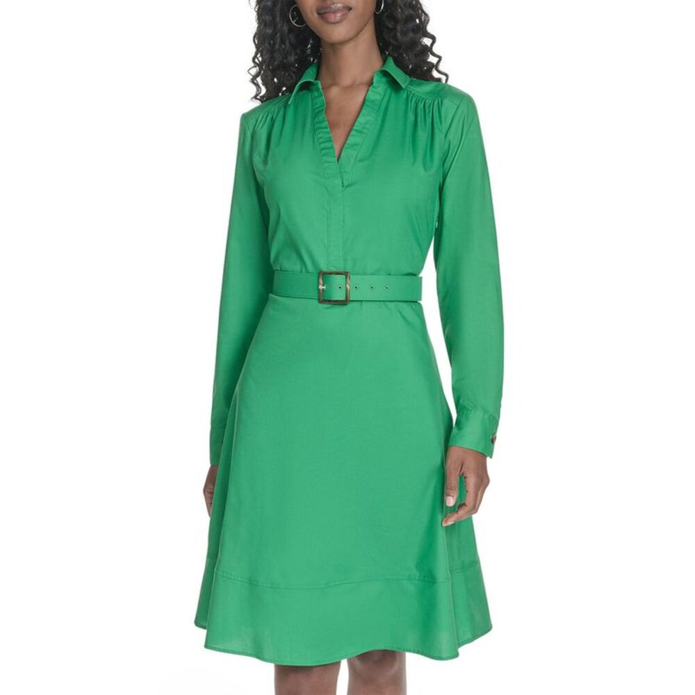 Calvin Klein Womens V-Neck Long-Sleeve A-Line Dress 6 Fern - NWT $159